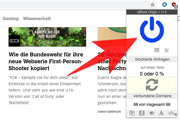 Screenshot: Links sieht man einen Teil der Vice-Website, rechts den Blauen Button von uBlock Origin, mit dem ihr die Seite zur Whitelist hinzufügen könnt.