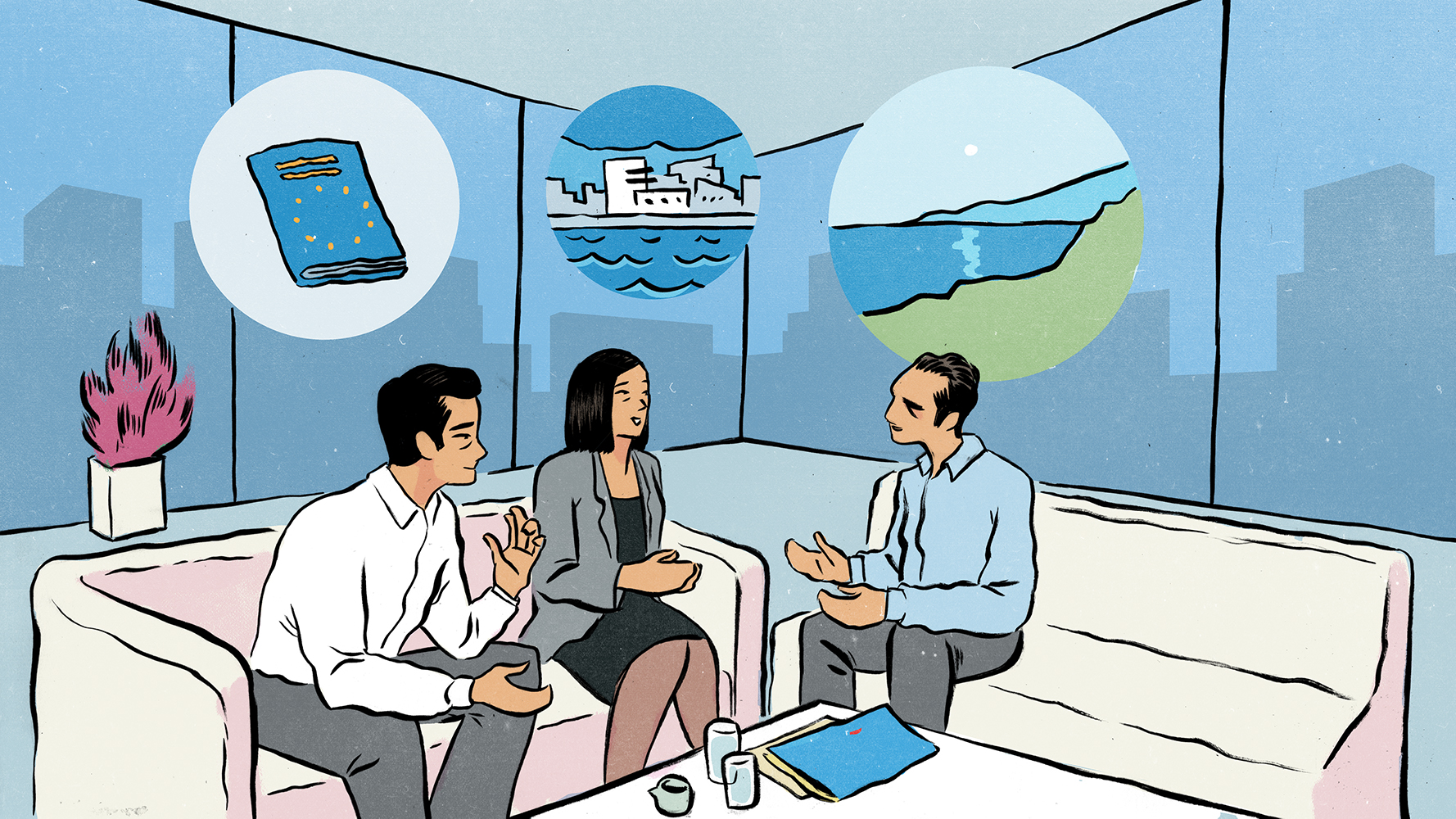 Illustration of Mrs. Lee taling to her agents about buying an apartment in Glyfada.
