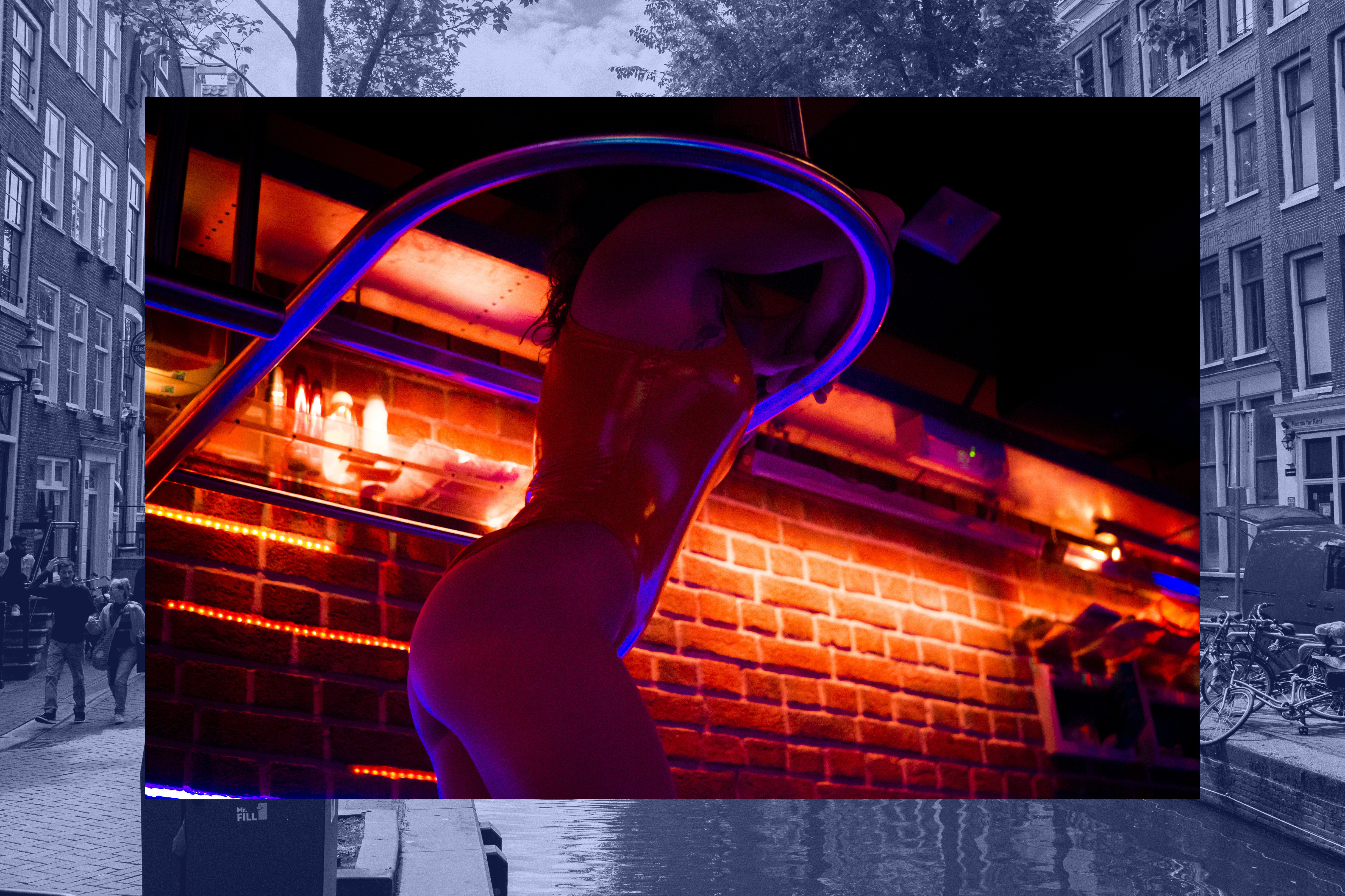 Silhouette of a sex woker wearing a red latex bodysuit