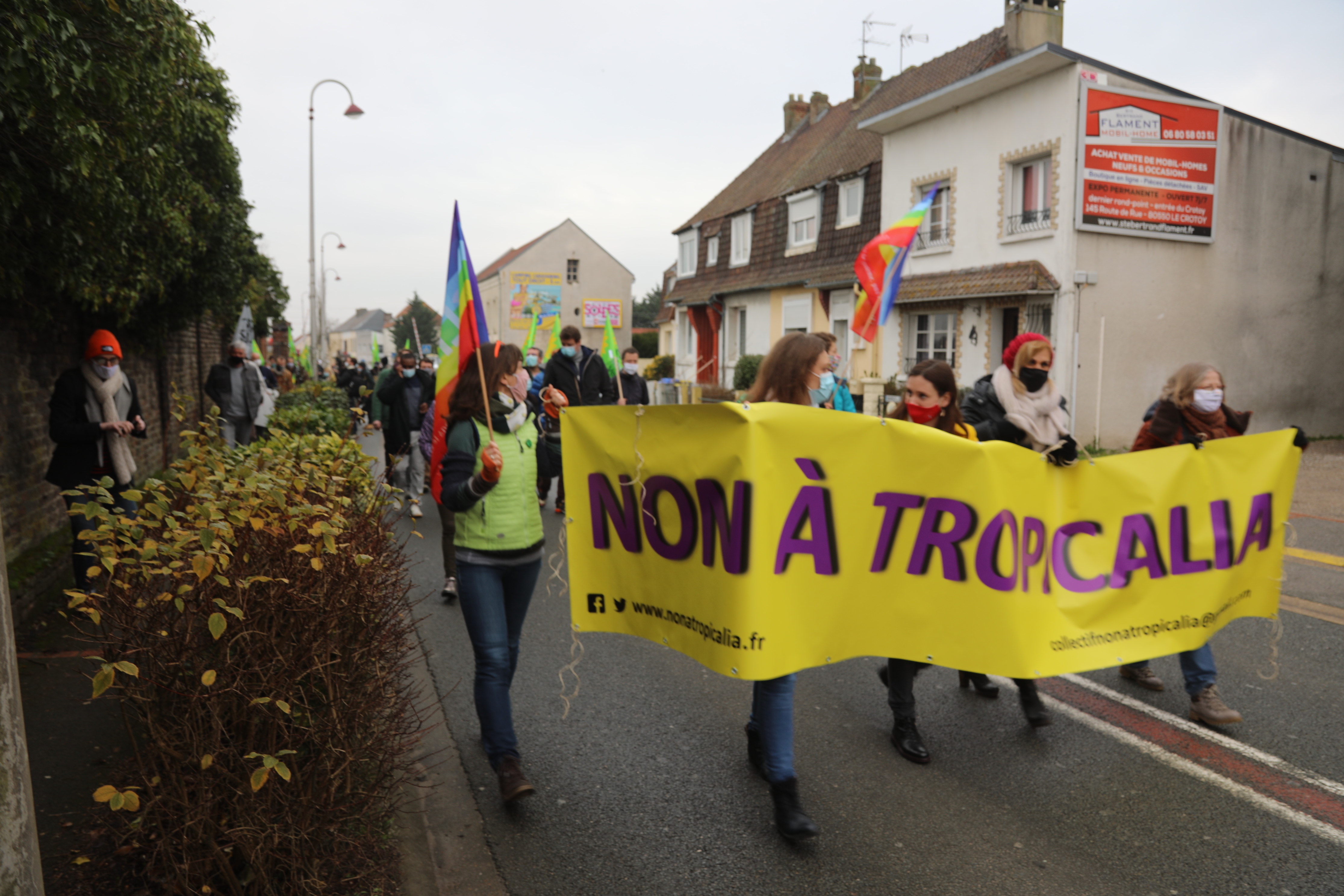 Protesters take to the streets of Rang-du-Fliers to demonstrate against the project. Photo: Peter Yeung
