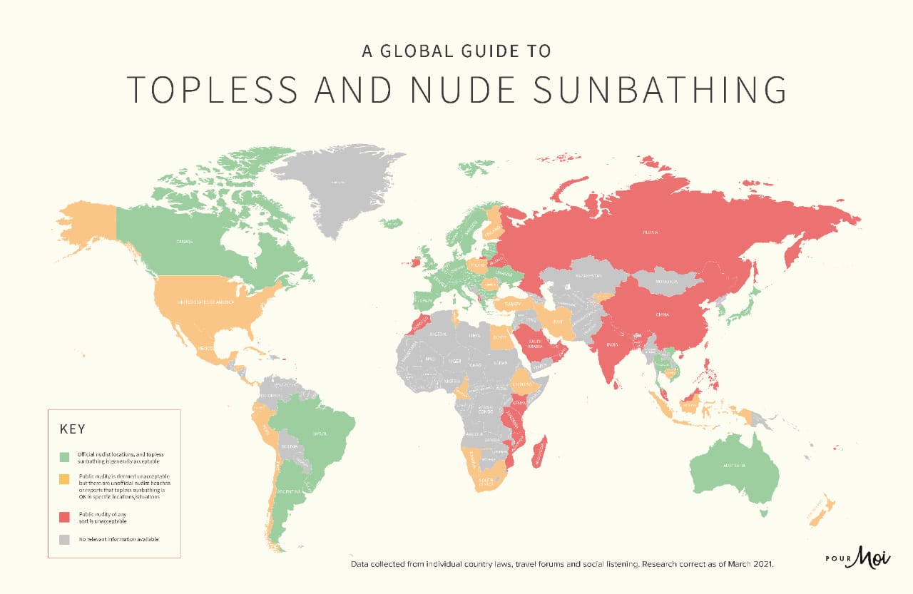 A map of the world with places allowing nude sunbathing in green
