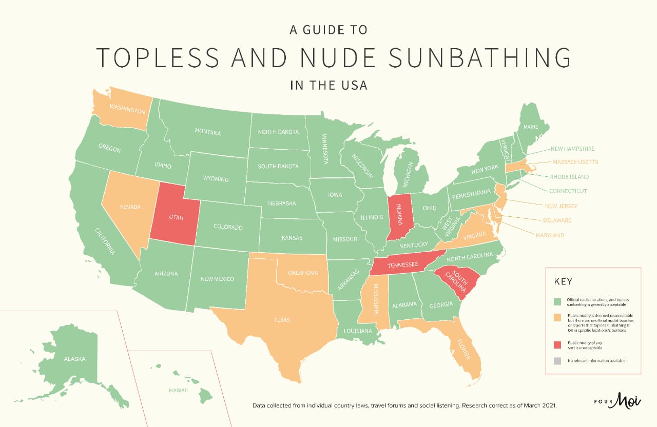 A map of the United States showing where nude sunbathing is legal and where it's not.