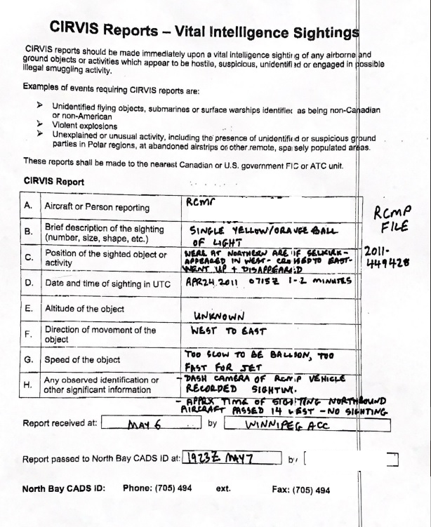 Canadian ufologist Chris Rutkowski states this “vital intelligence sightings” report was sent to him in May 2011 by Royal Canadian Air Force personnel with NORAD.&nbsp;