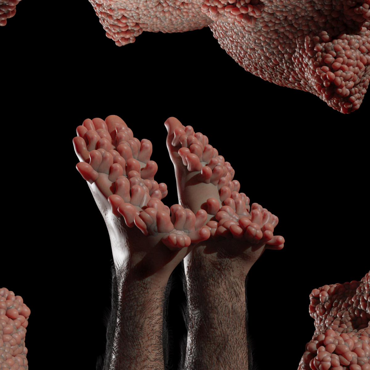 Scultura di due piedi umani ricoperti di rigonfiamenti di carne.