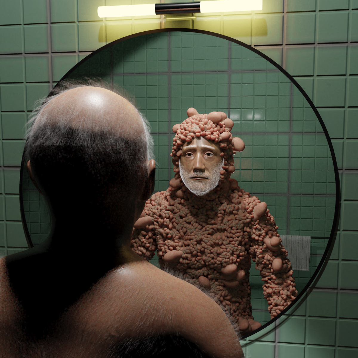 Foto di un uomo con la barba ricoperto di ammassi di carne, colto nell'atto di guardarsi allo specchio.