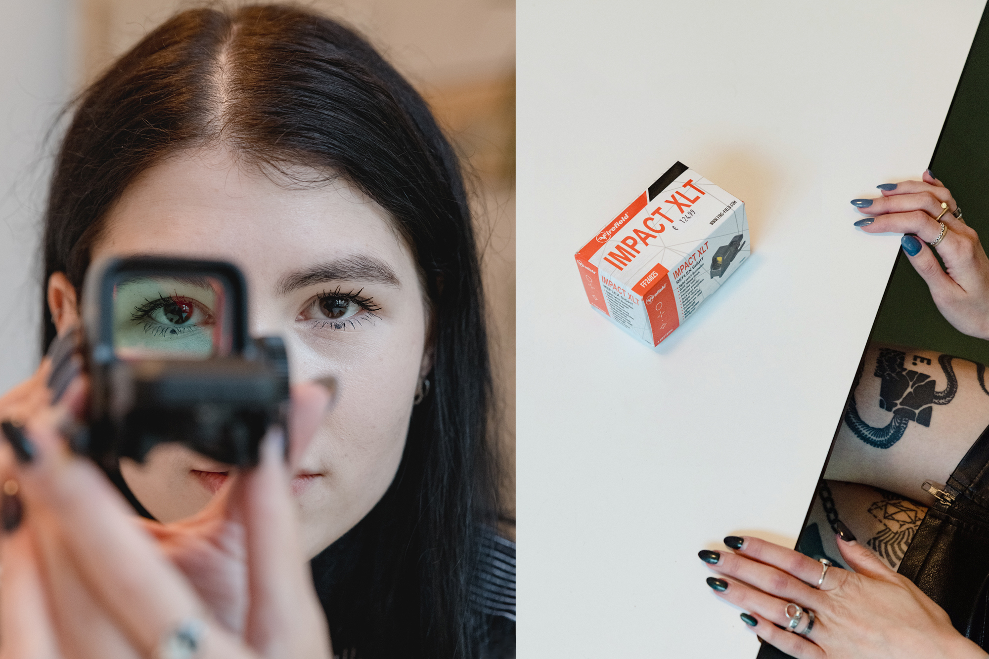 Polina Frank: Left: woman looking through the lens of the sight. Right: the packaging lying on the table.