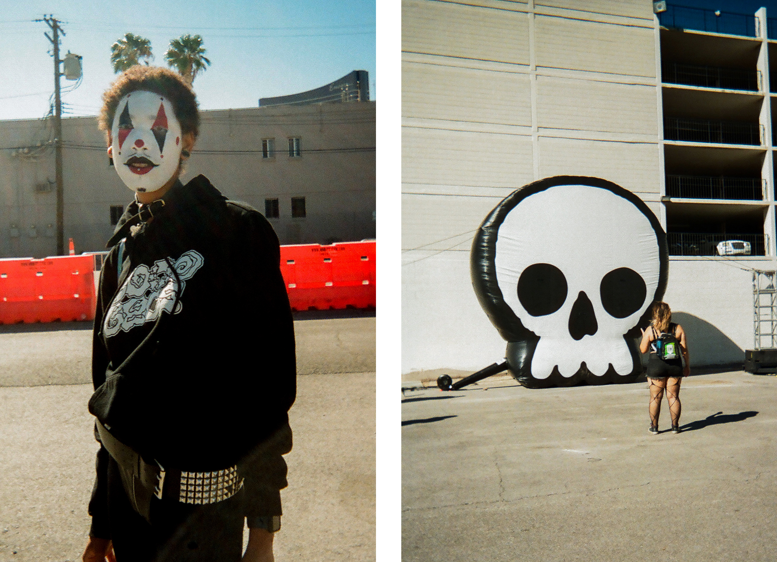 festival goer in face paint and girl standing in front of large skull inflatable