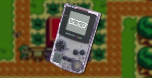 A translucent purple Game Boy Color with the VICE logo on a blurred Links Awakening background